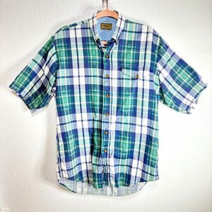 Roper Button Down Mens Medium 15.5 Short Sleeve Blue Green Plaid Shirt